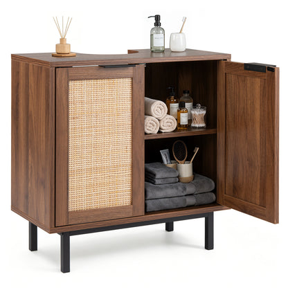 Bathroom vanity cabinet with U-shaped cut-out, two rattan doors and shelf, brown wood finish for modern bath storage.