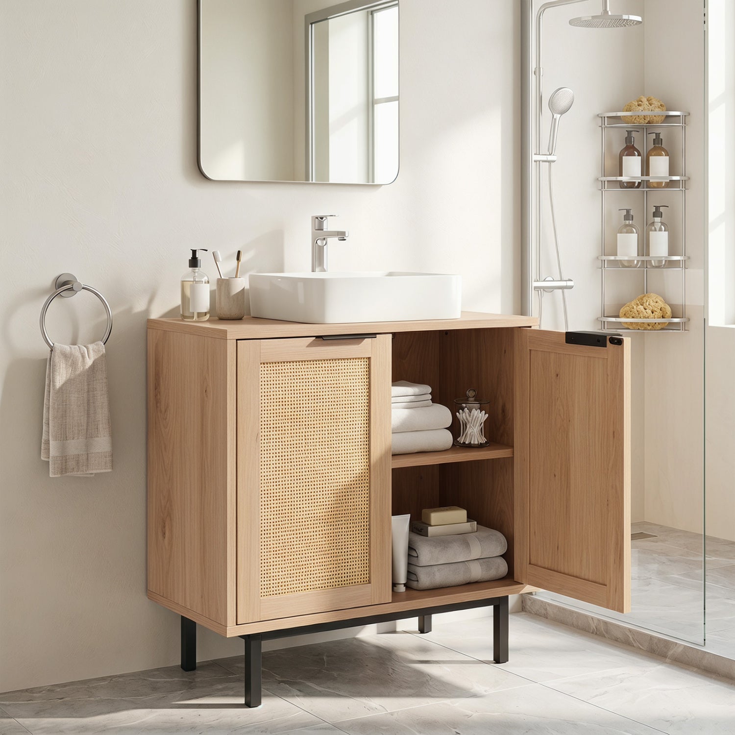 Brown bathroom vanity cabinet with U-shaped cut-out, two rattan doors, and shelf for floor storage in a modern bath.