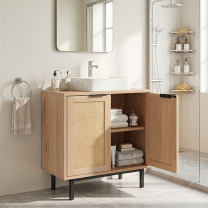 Brown bathroom vanity cabinet with U-shaped cut-out, two rattan doors, and shelf for floor storage in a modern bath.