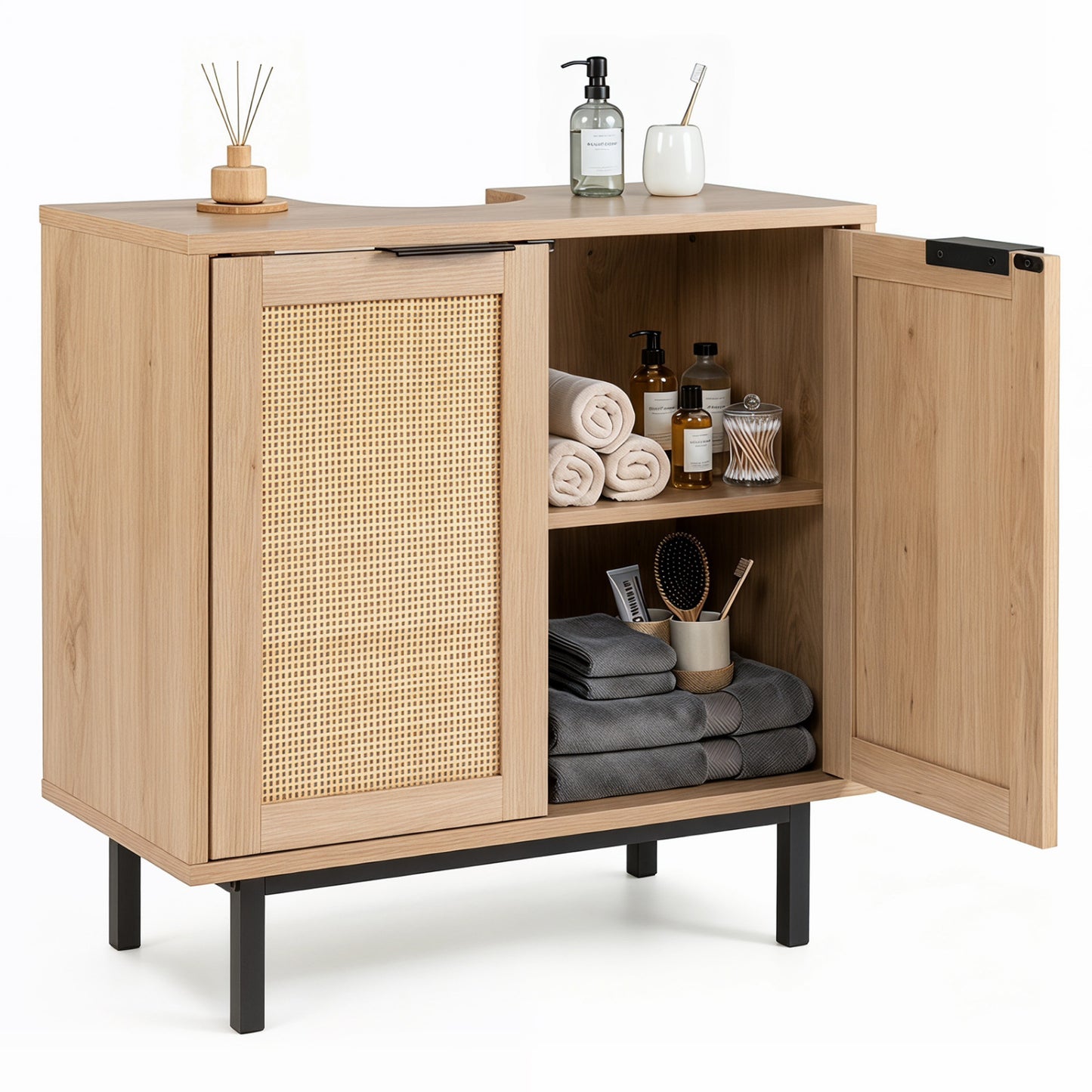 Brown bathroom vanity cabinet with U-shaped cut-out, two rattan doors, and shelf, ideal for bath floor storage.