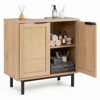 Brown bathroom vanity cabinet with U-shaped cut-out, two rattan doors, and shelf, ideal for bath floor storage.