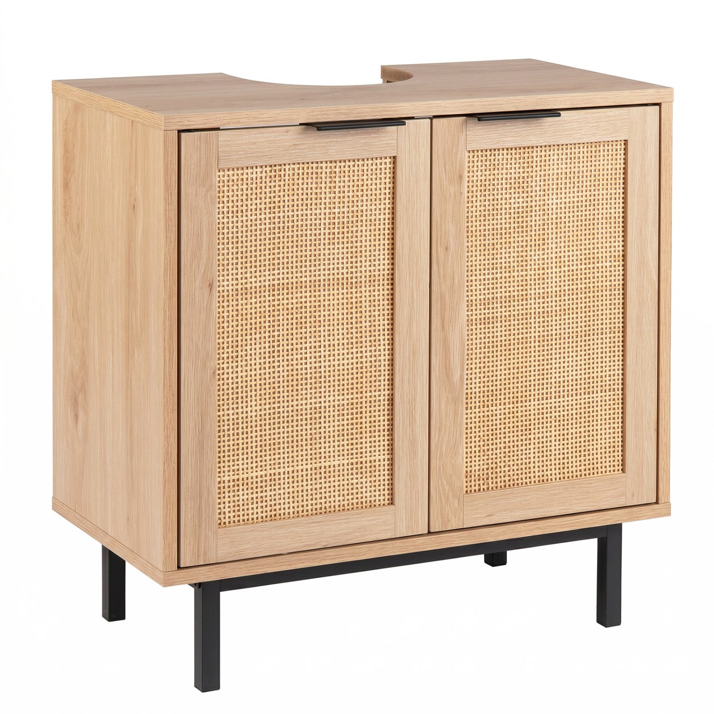 Bathroom vanity cabinet with two rattan doors, shelf, and U-shaped cut-out in brown, ideal for modern bathroom storage.