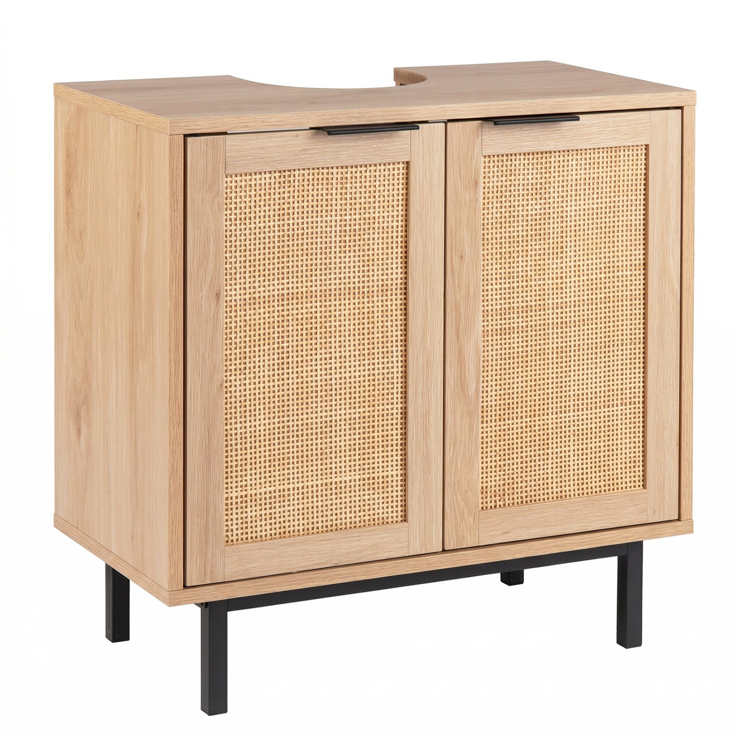 Bathroom vanity cabinet with two rattan doors, shelf, and U-shaped cut-out in brown, ideal for modern bathroom storage.