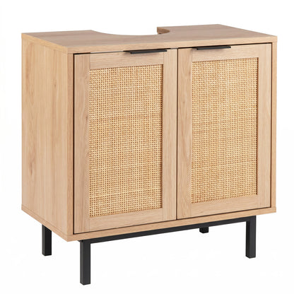 Bathroom vanity cabinet with two rattan doors, shelf, and U-shaped cut-out in brown, ideal for modern bathroom storage.