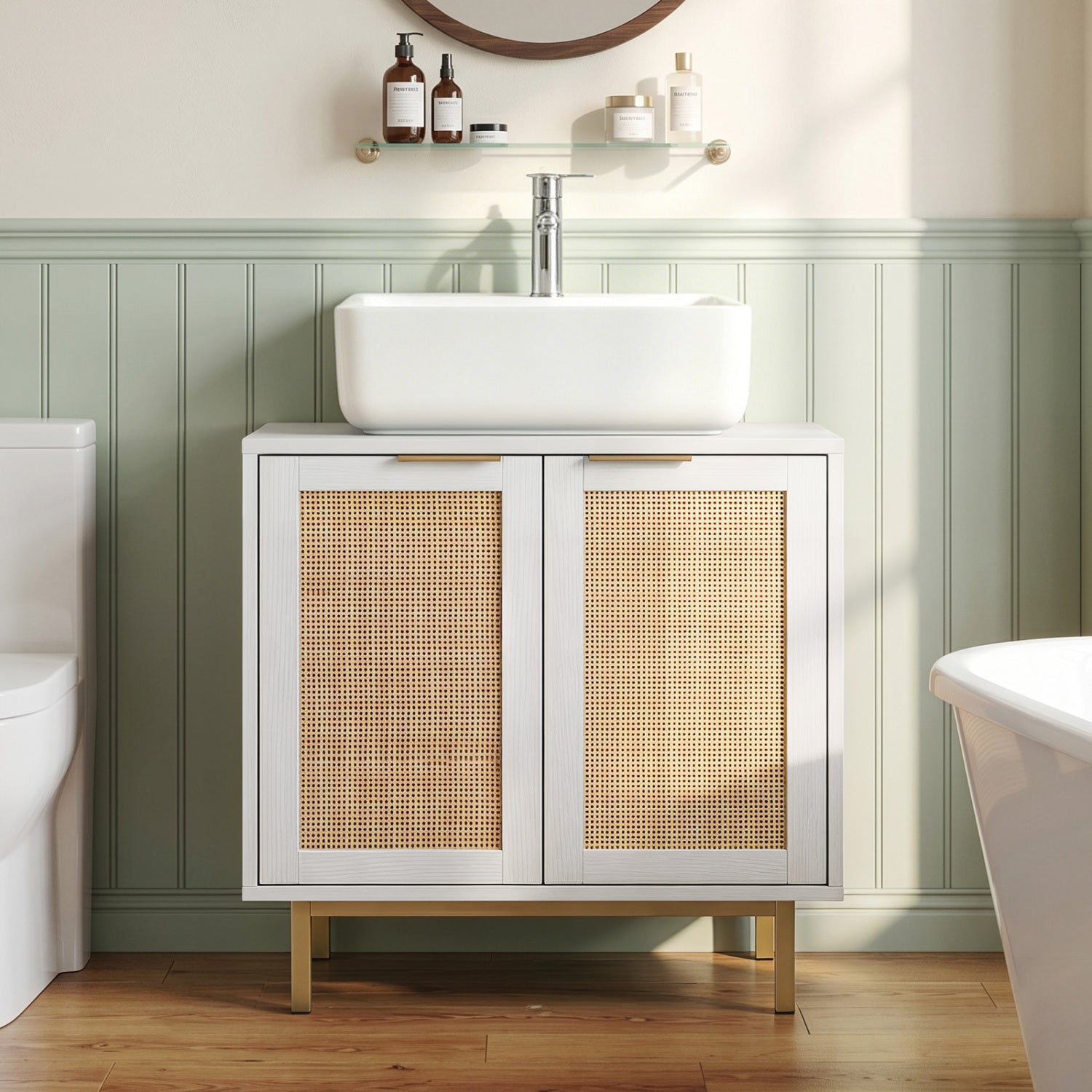 Brown bathroom vanity cabinet with U-shaped cut-out, two rattan doors, and shelf for floor bathroom storage.