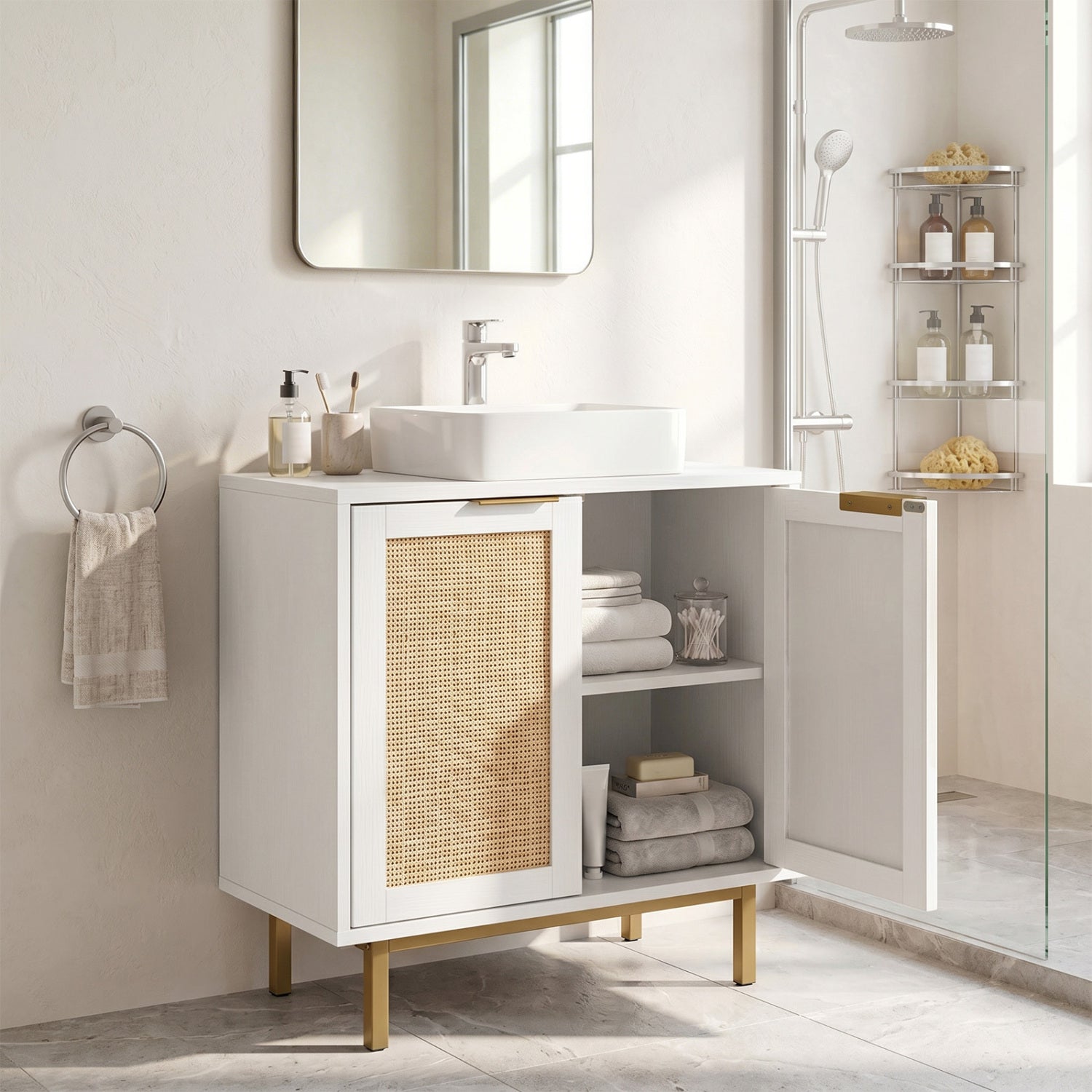 Bathroom vanity cabinet with U-shaped cut-out, two rattan doors, and shelf in brown, ideal for modern bathrooms.