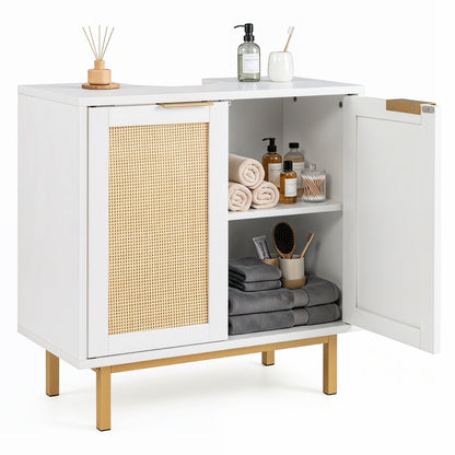 Bathroom vanity cabinet with U-shaped cut-out, two rattan doors, and shelf in brown, for modern bathroom floor storage.