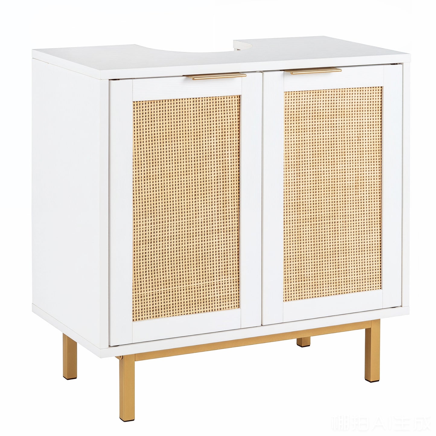 Bathroom vanity cabinet with U-shaped cut-out, two rattan doors, and shelf in brown, perfect for bathroom floor storage.