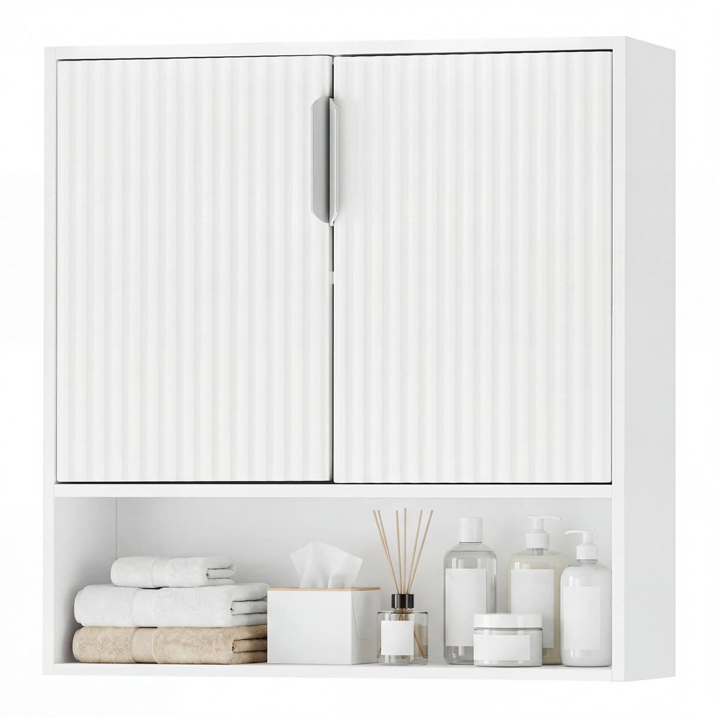 Bathroom Wall Cabinet with 2 Fluted Doors and Open Cube and Adjustable Shelf-White