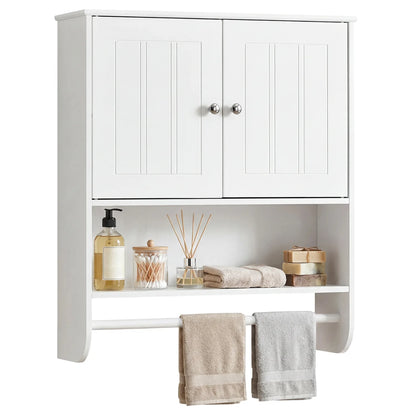 Bathroom Wall Cabinet with Towel Bar and Open Shelf and Adjustable Shelf-White