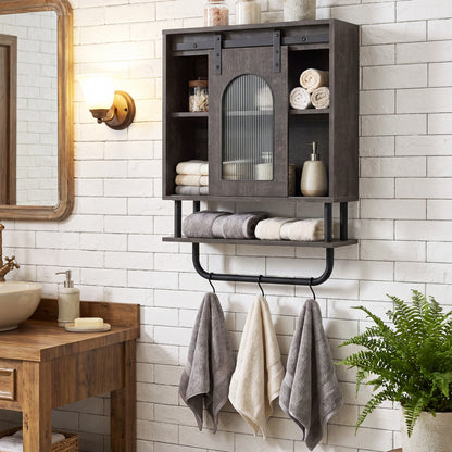 Bathroom Wall Cabinet with Sliding Barn Door and Metal Hanging Bar with 3 Hooks-Black