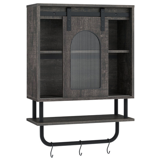 Bathroom Wall Cabinet with Sliding Barn Door and Metal Hanging Bar with 3 Hooks-Black