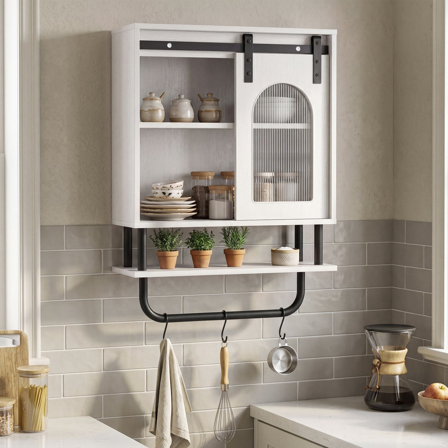 Bathroom Wall Cabinet with Sliding Barn Door and Metal Hanging Bar with 3 Hooks-Black