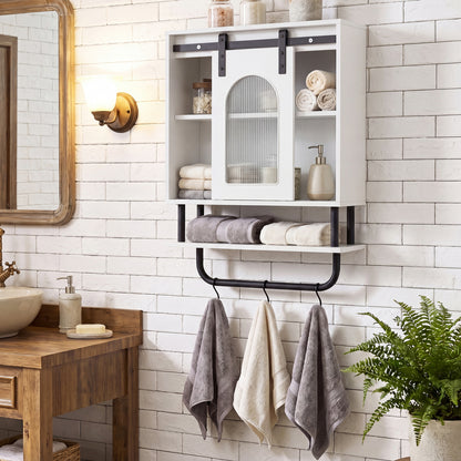 Bathroom Wall Cabinet with Sliding Barn Door and Metal Hanging Bar with 3 Hooks-Black