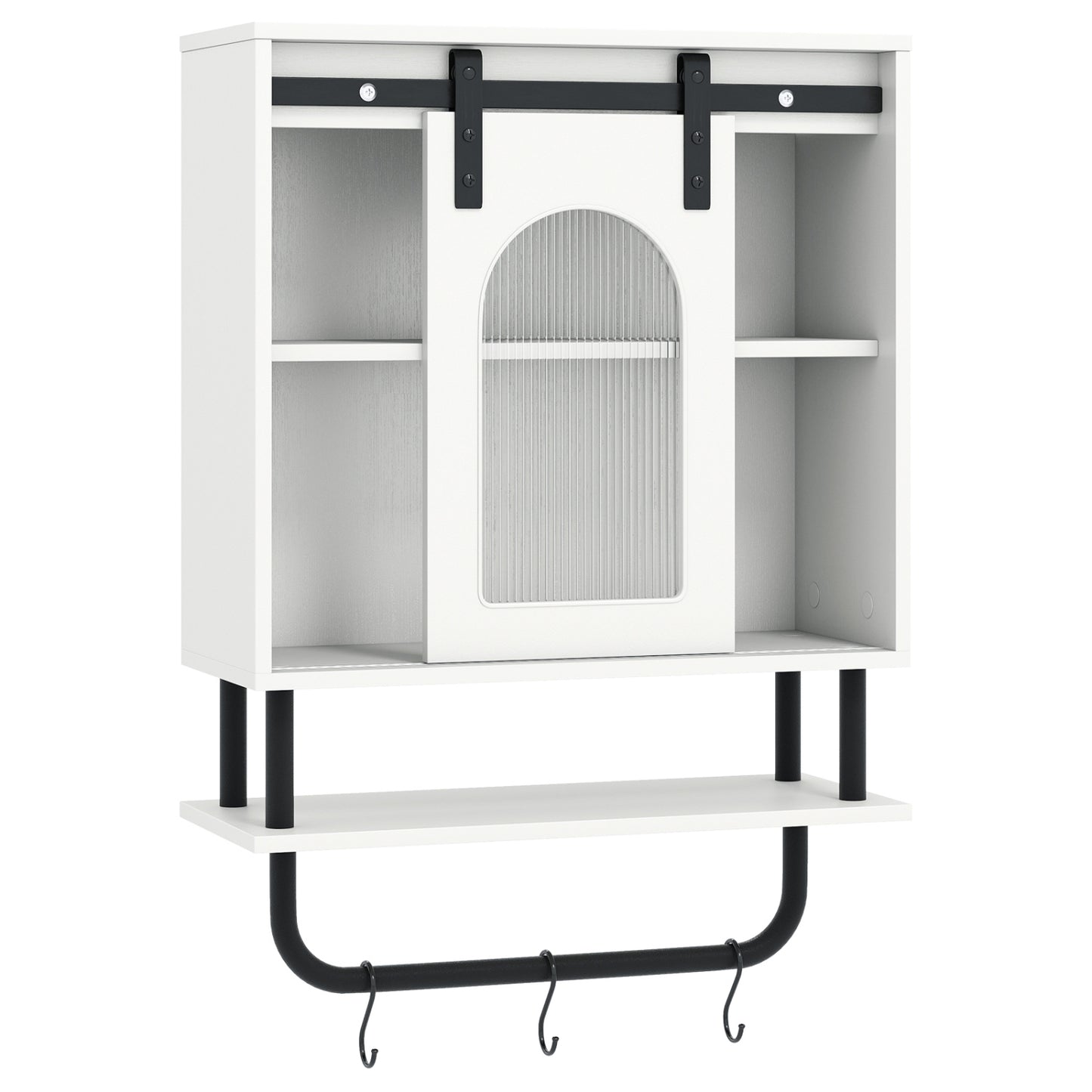 Bathroom Wall Cabinet with Sliding Barn Door and Metal Hanging Bar with 3 Hooks-Black