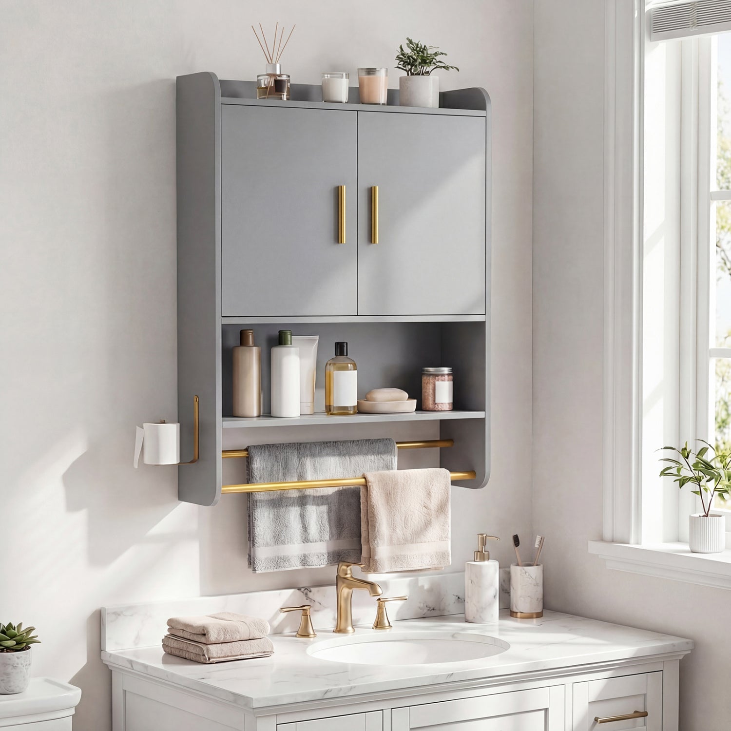 Gray wall-mounted bathroom cabinet with towel bars, featuring shelves and storage space, ideal for organizing bathroom essentials.