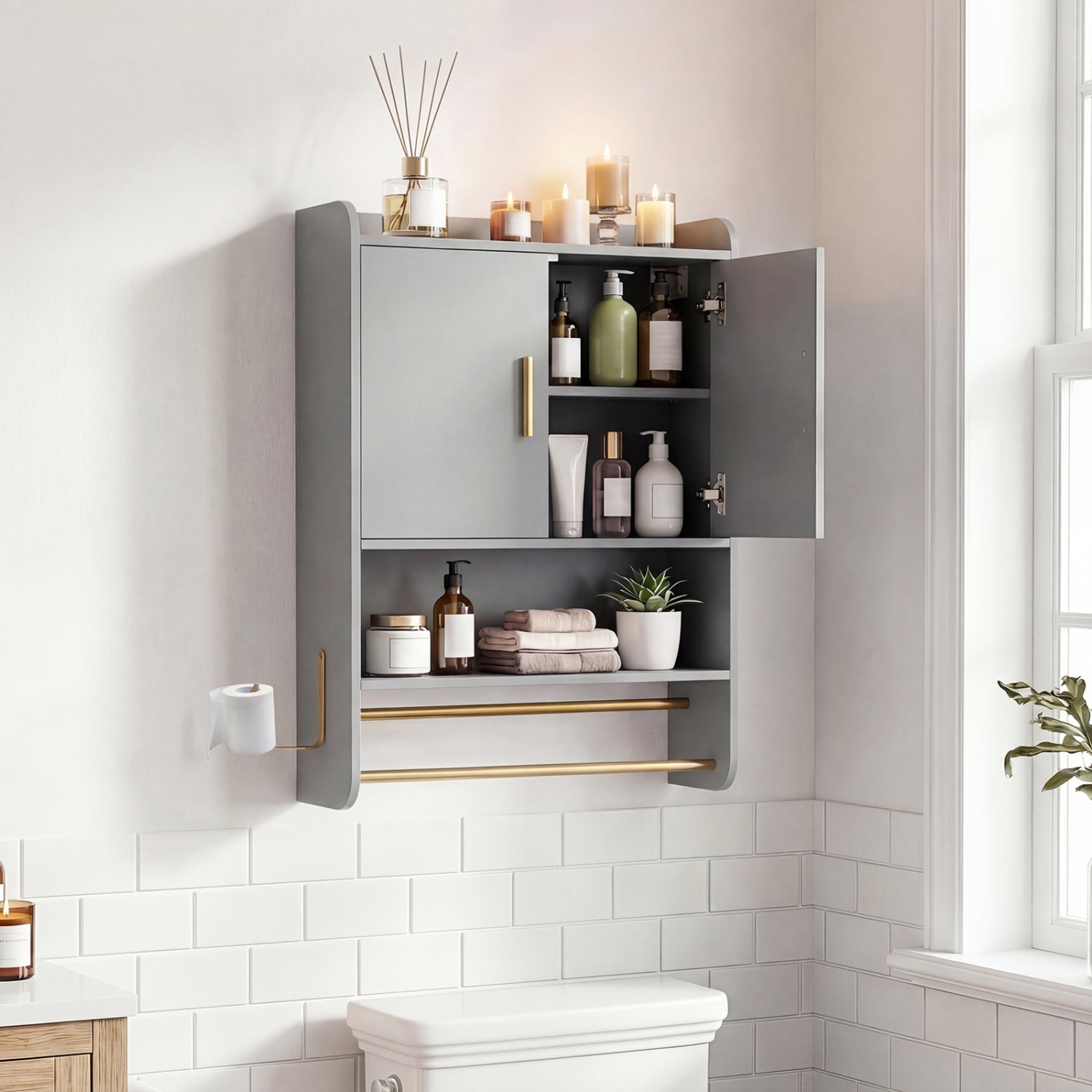 Gray wall-mounted bathroom cabinet with built-in medicine storage and towel bars, ideal for organizing bathroom essentials.