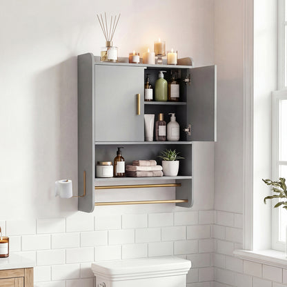 Gray wall-mounted bathroom cabinet with built-in medicine storage and towel bars, ideal for organizing bathroom essentials.