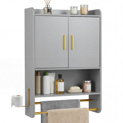 Gray wall-mounted bathroom cabinet with towel bars, storage shelves, and mirror for bathroom organization and decor.