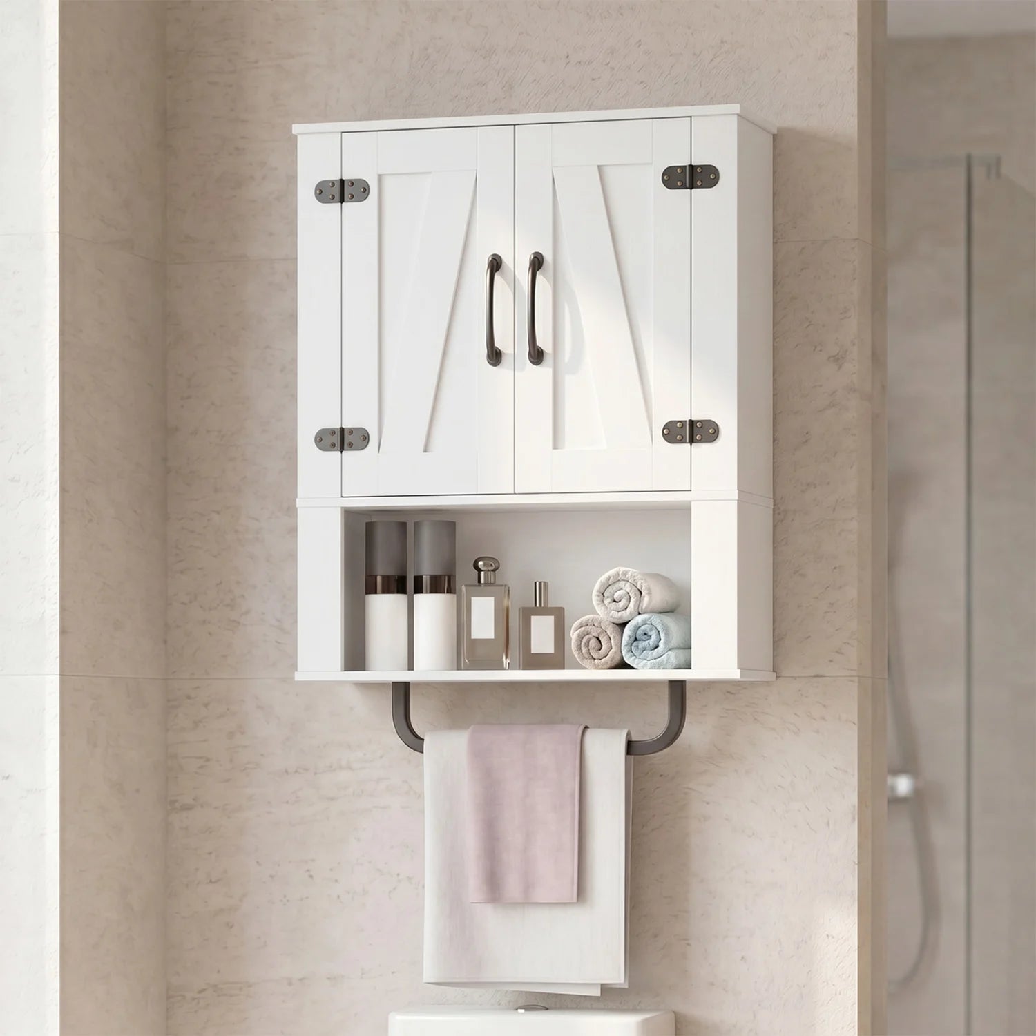 White bathroom wall cabinet with 2 barn doors, towel bar, and 3-tier wooden storage for organized bathroom essentials.