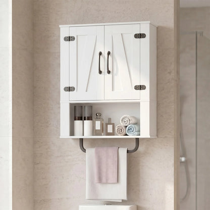 White bathroom wall cabinet with 2 barn doors, towel bar, and 3-tier wooden storage for organized bathroom essentials.