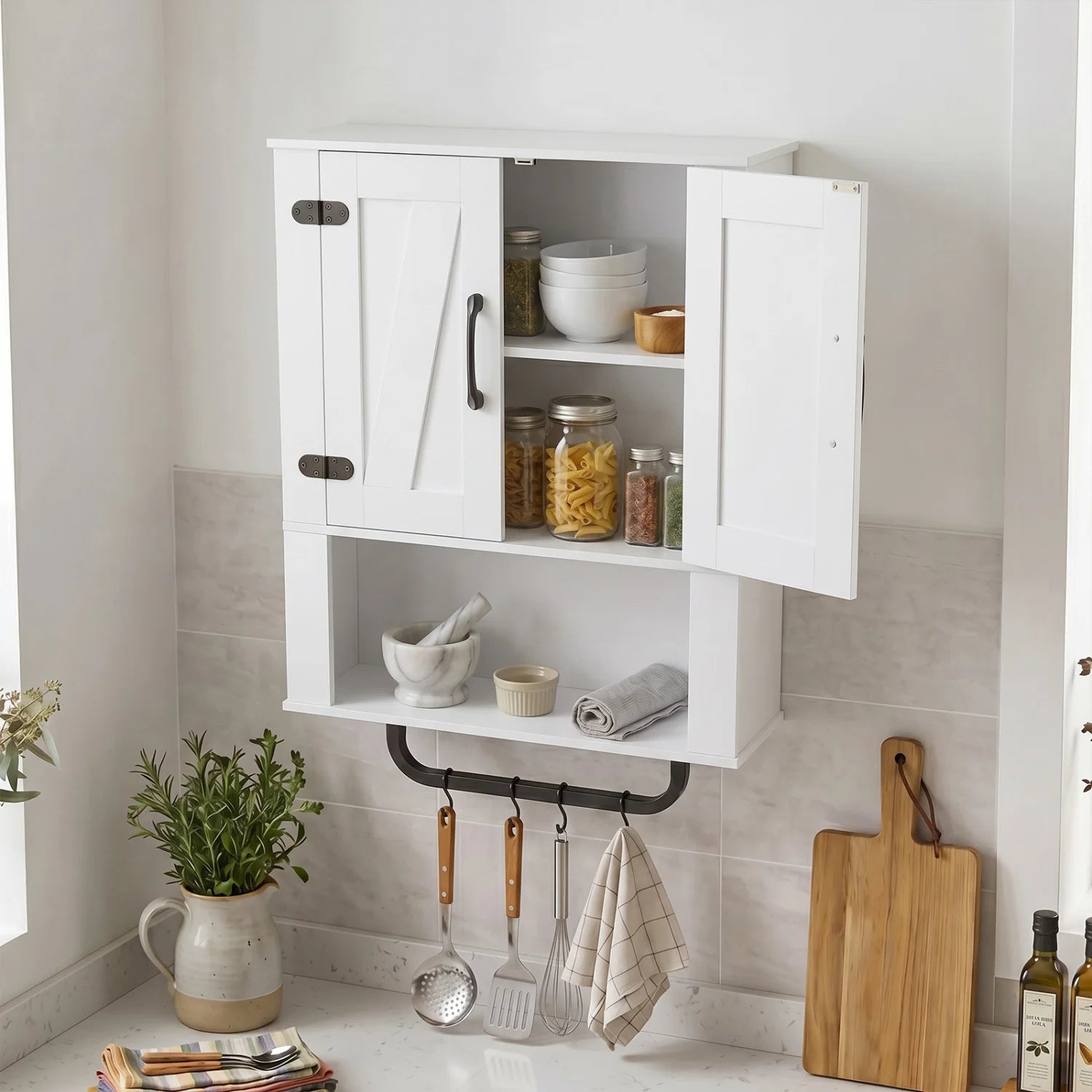 White bathroom wall cabinet with two barn doors, towel bar, and three-tier wooden storage for organized bathroom storage.