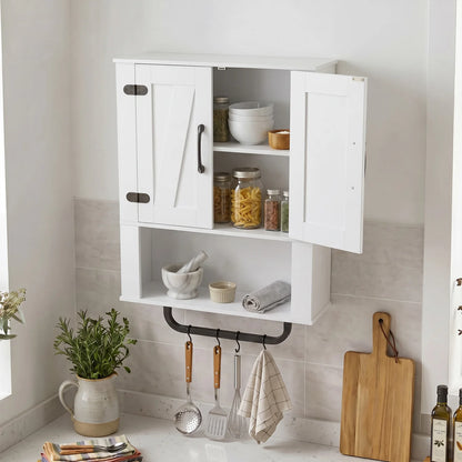 White bathroom wall cabinet with two barn doors, towel bar, and three-tier wooden storage for organized bathroom storage.