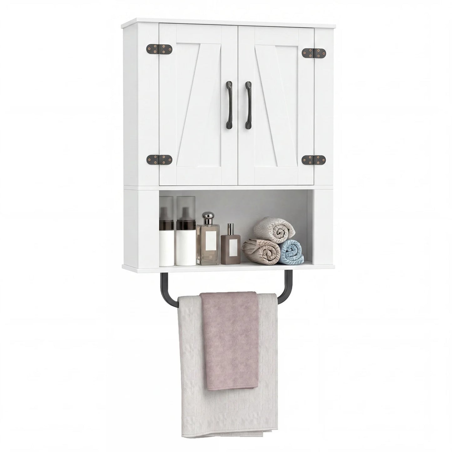 White bathroom wall cabinet with two barn doors, towel bar, and three-tier wooden storage for bathroom organization.