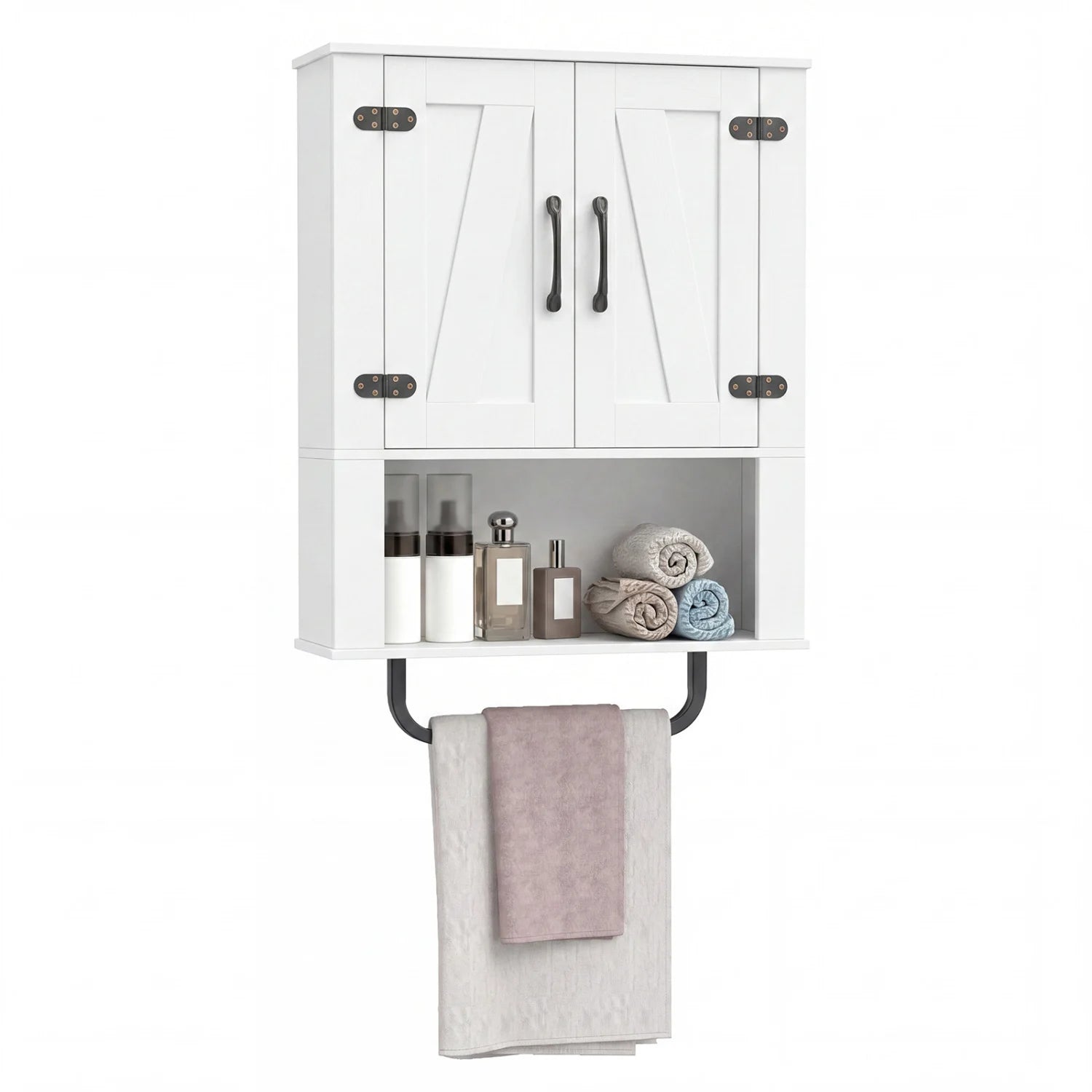 White bathroom wall cabinet with two barn doors, towel bar, and three-tier wooden storage for bathroom organization.