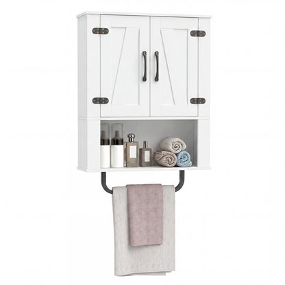 White bathroom wall cabinet with two barn doors, towel bar, and three-tier wooden storage for bathroom organization.