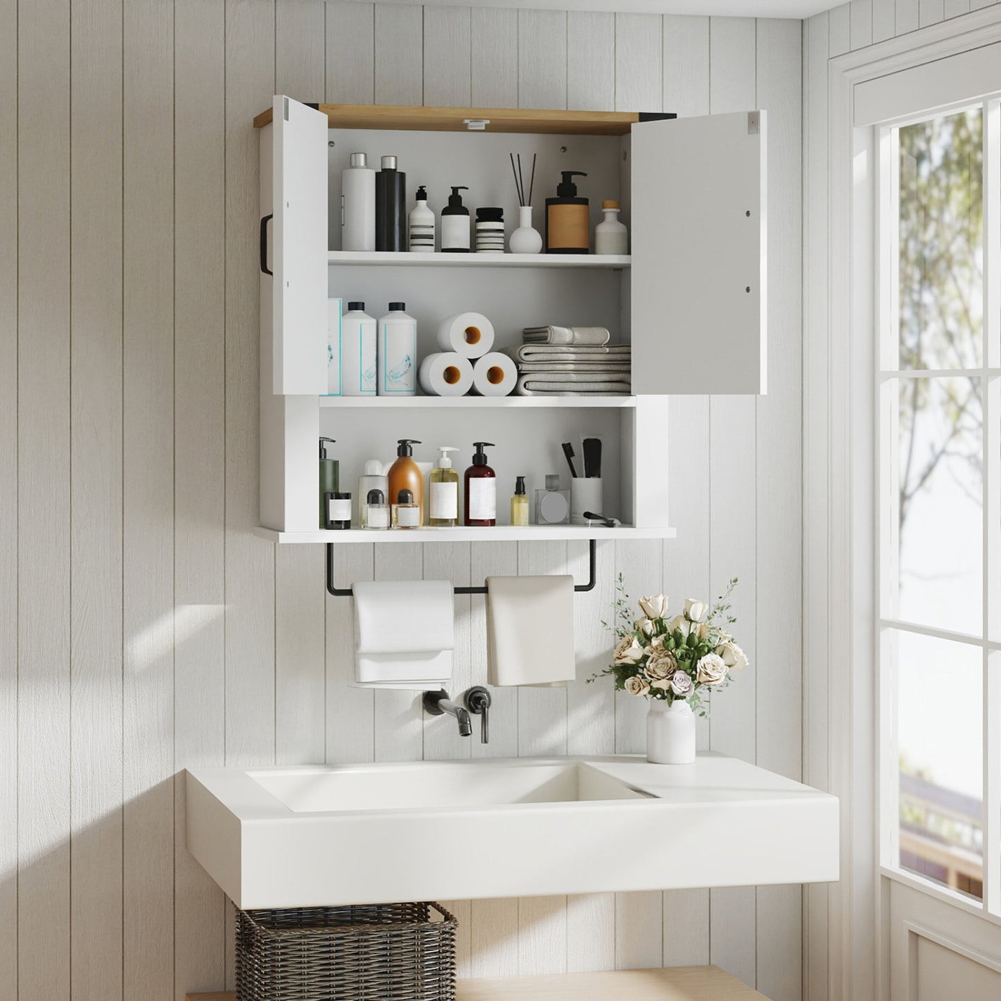 White farmhouse bathroom wall cabinet with towel bar and medicine storage, ideal for bathroom organization and decor.