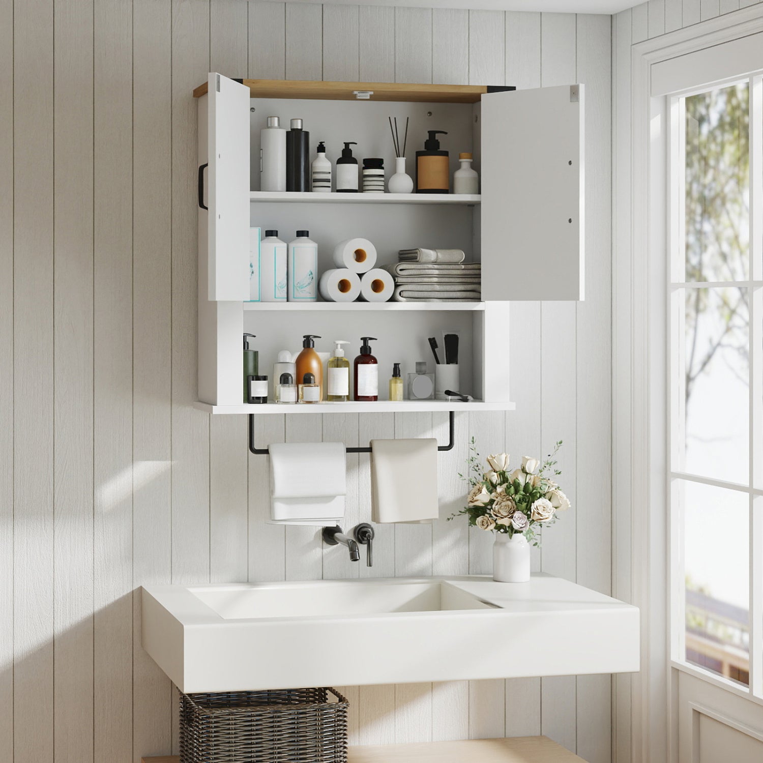 White farmhouse bathroom wall cabinet with towel bar and medicine storage, ideal for bathroom organization and decor.