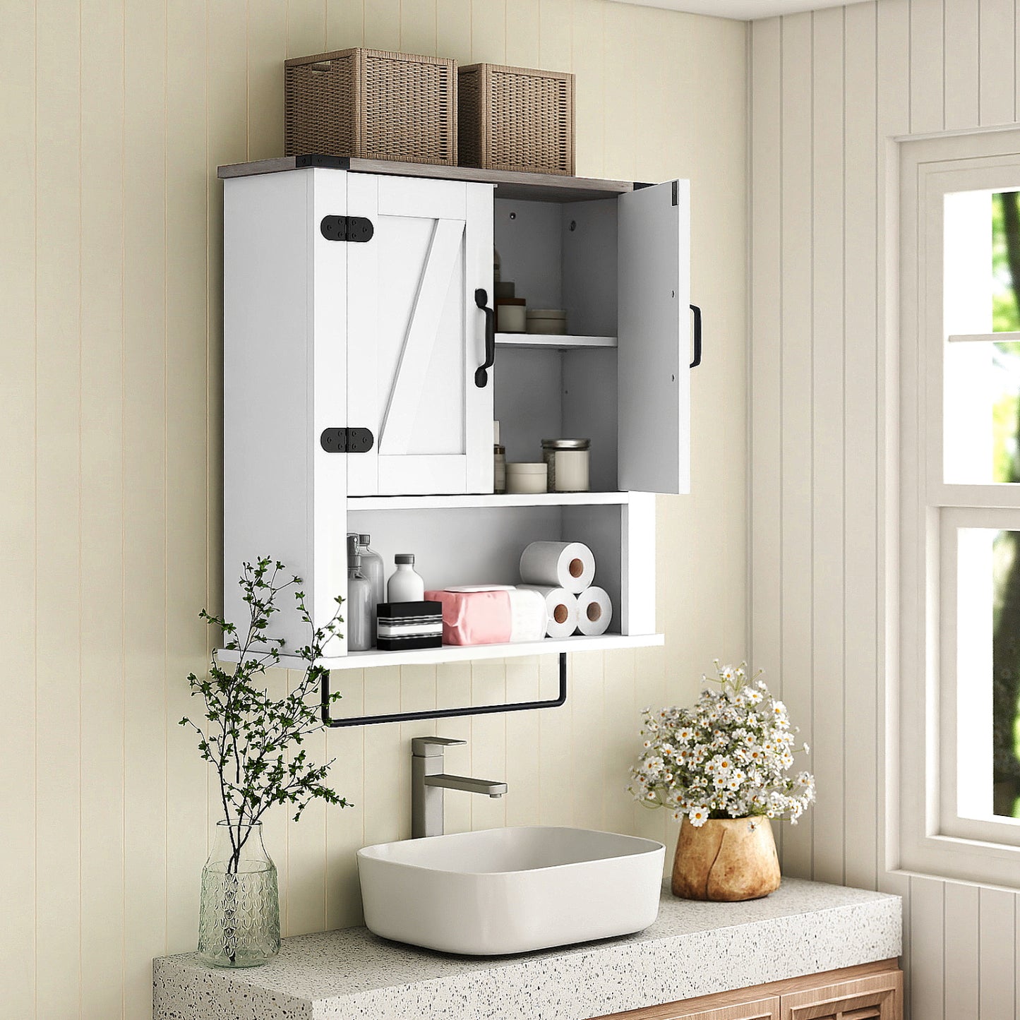White farmhouse bathroom wall cabinet with towel bar and medicine storage, ideal for bathroom organization and decor.