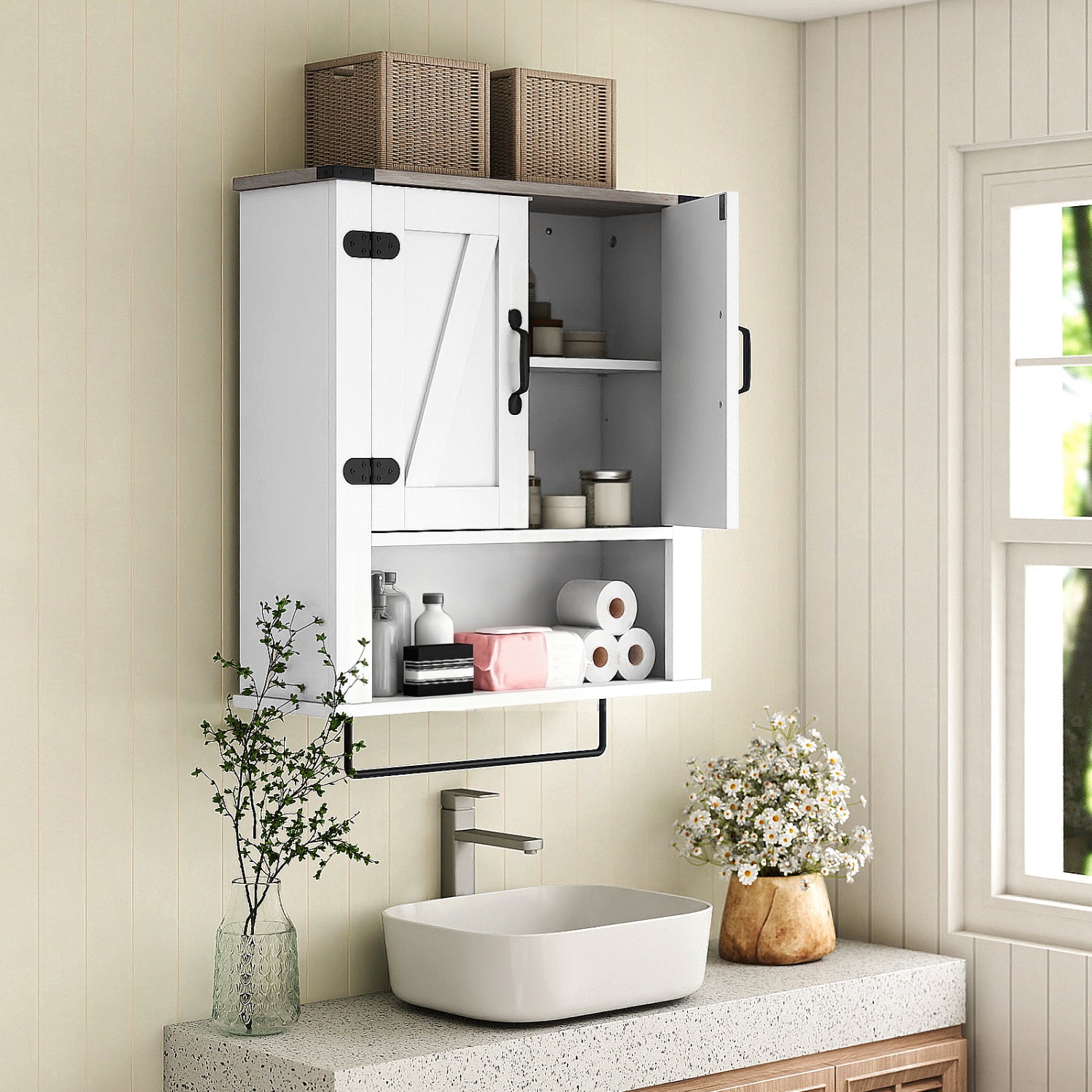 White farmhouse bathroom wall cabinet with towel bar and medicine storage, ideal for bathroom organization and decor.
