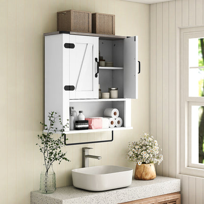 White farmhouse bathroom wall cabinet with towel bar and medicine storage, ideal for bathroom organization and decor.