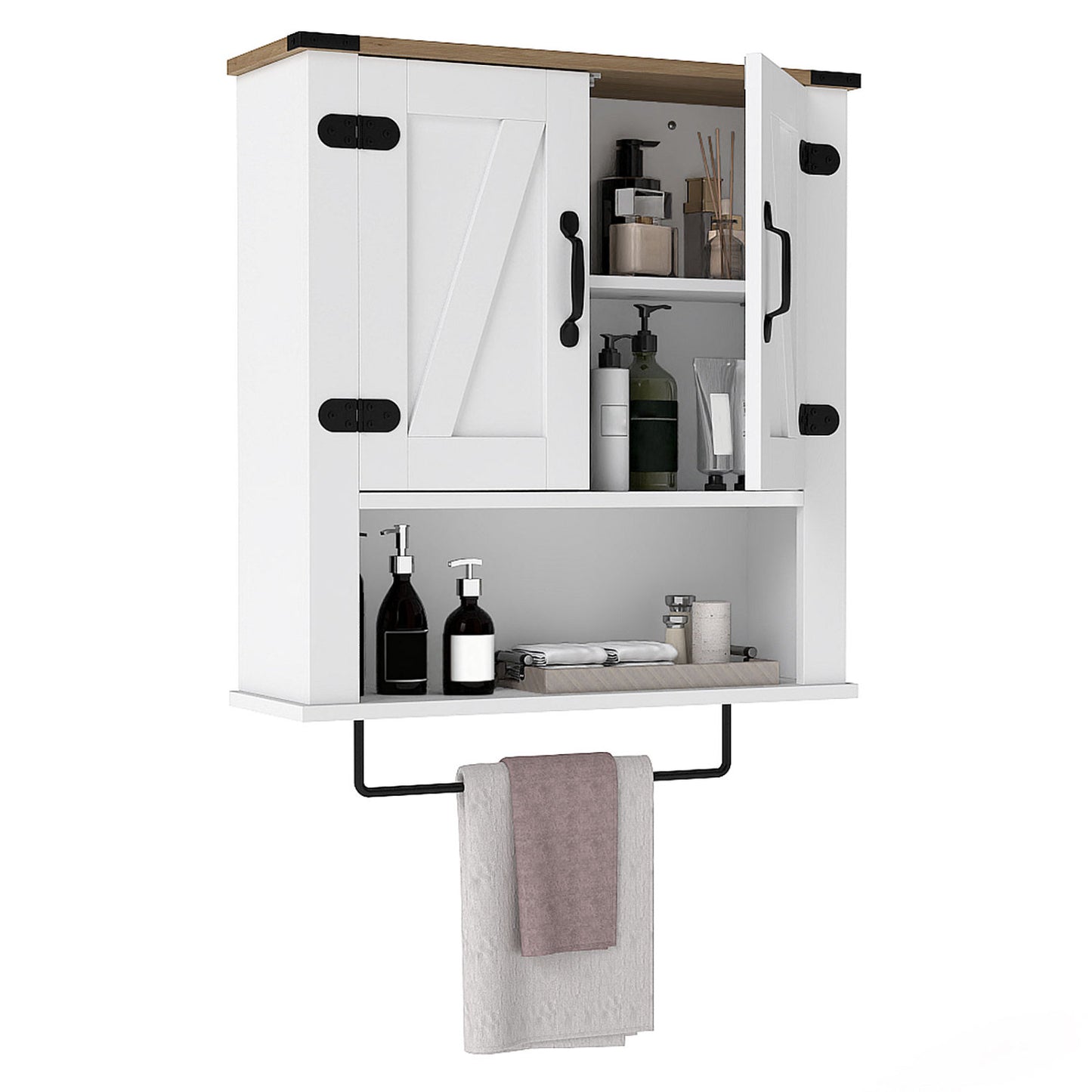 White farmhouse bathroom wall cabinet with towel bar and medicine storage, stylish and functional for bathroom organization.