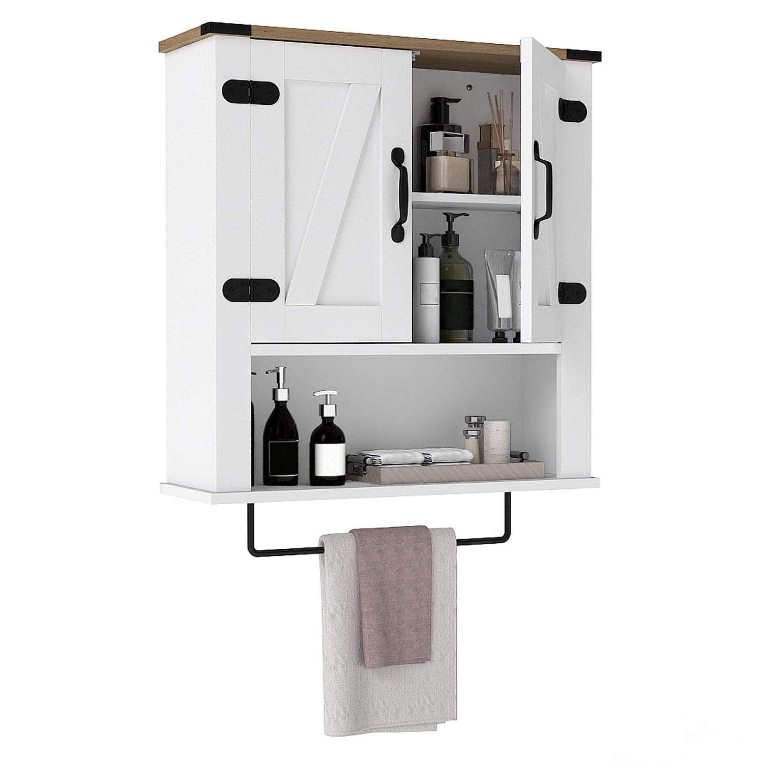 White farmhouse bathroom wall cabinet with towel bar and medicine storage, stylish and functional for bathroom organization.