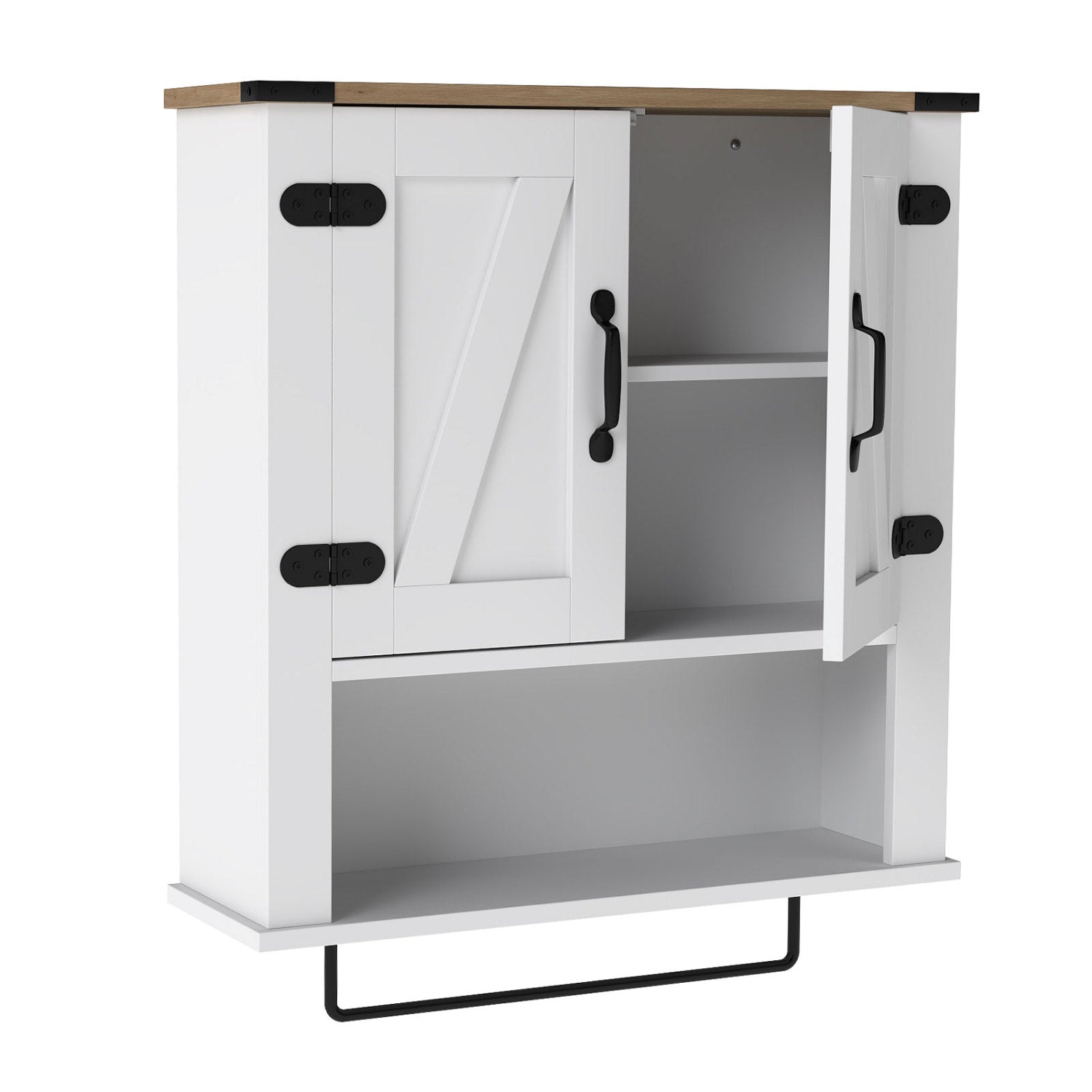 White farmhouse bathroom wall cabinet with towel bar and medicine cabinet storage, ideal for bathroom organization.