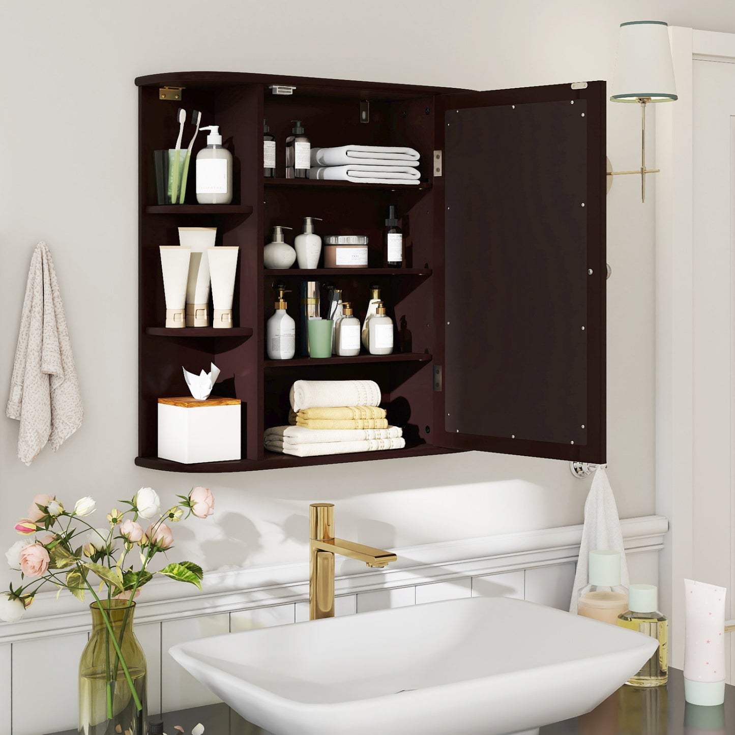 Bathroom Wall Cabinet with Mirror Door 4 Internal Adjustable Shelves and 6 Side Open Shelves-Brown