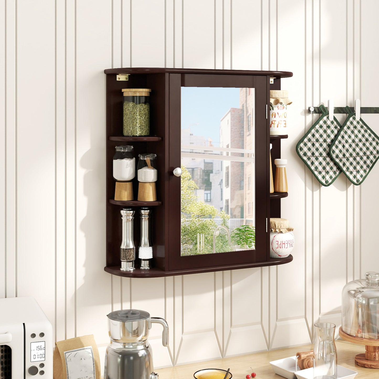Bathroom Wall Cabinet with Mirror Door 4 Internal Adjustable Shelves and 6 Side Open Shelves-Brown