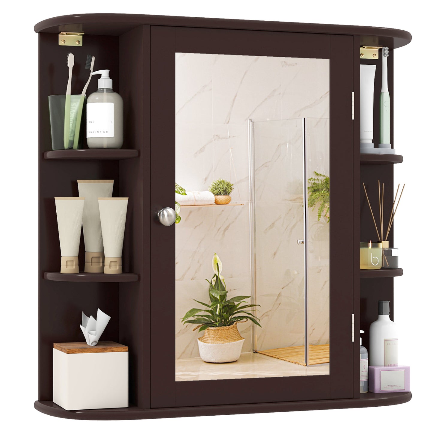 Bathroom Wall Cabinet with Mirror Door 4 Internal Adjustable Shelves and 6 Side Open Shelves-Brown