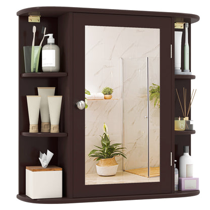 Bathroom Wall Cabinet with Mirror Door 4 Internal Adjustable Shelves and 6 Side Open Shelves-Brown
