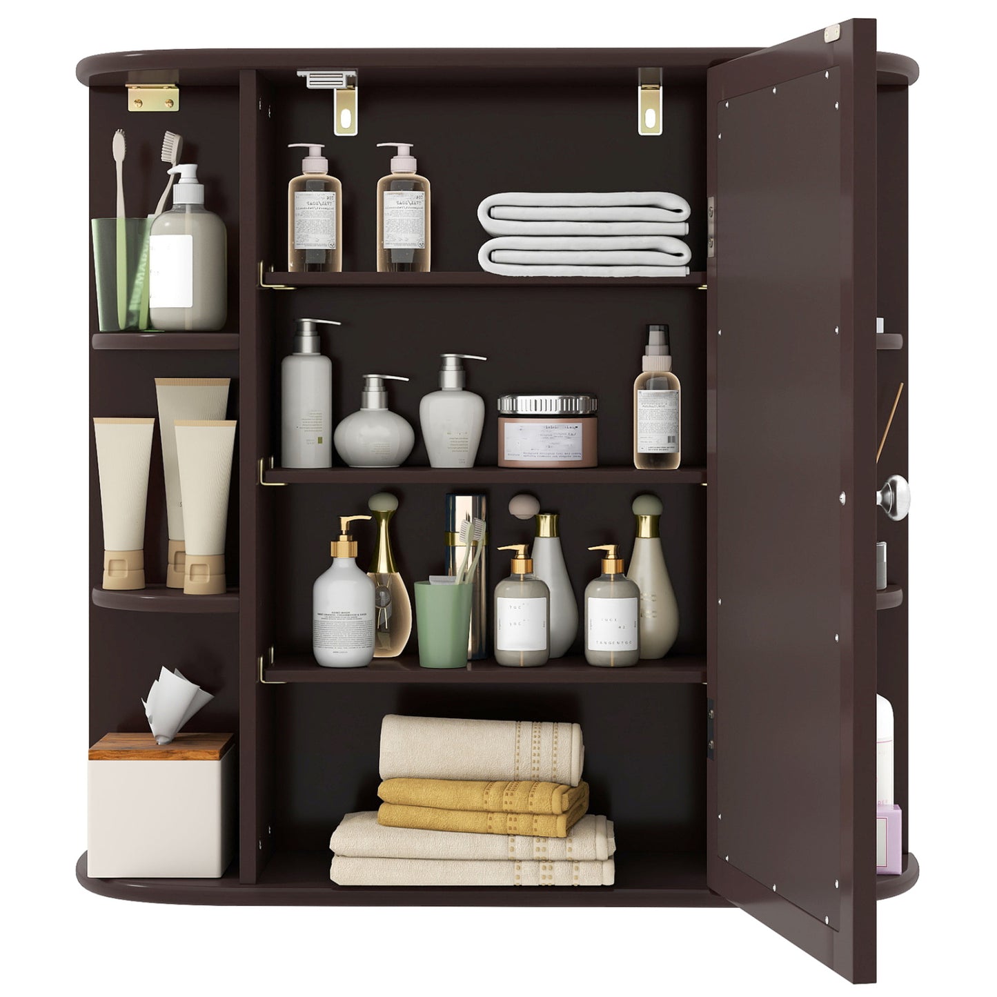 Bathroom Wall Cabinet with Mirror Door 4 Internal Adjustable Shelves and 6 Side Open Shelves-Brown