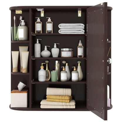 Bathroom Wall Cabinet with Mirror Door 4 Internal Adjustable Shelves and 6 Side Open Shelves-Brown