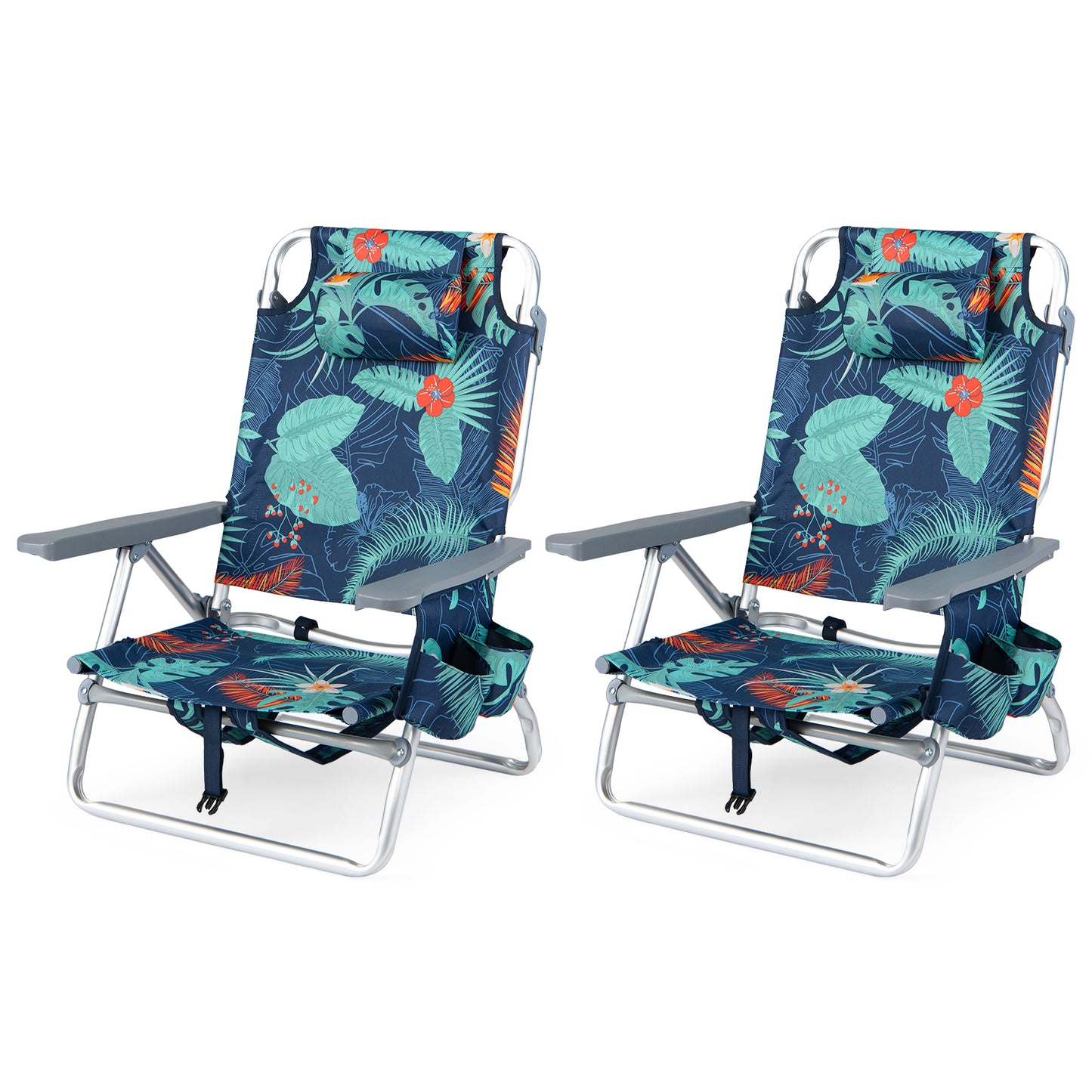 Beach Chairs Set of 2 Portable Folding Backpack Recliners with 5-Position Backrest and Padded Headrest-Blue
