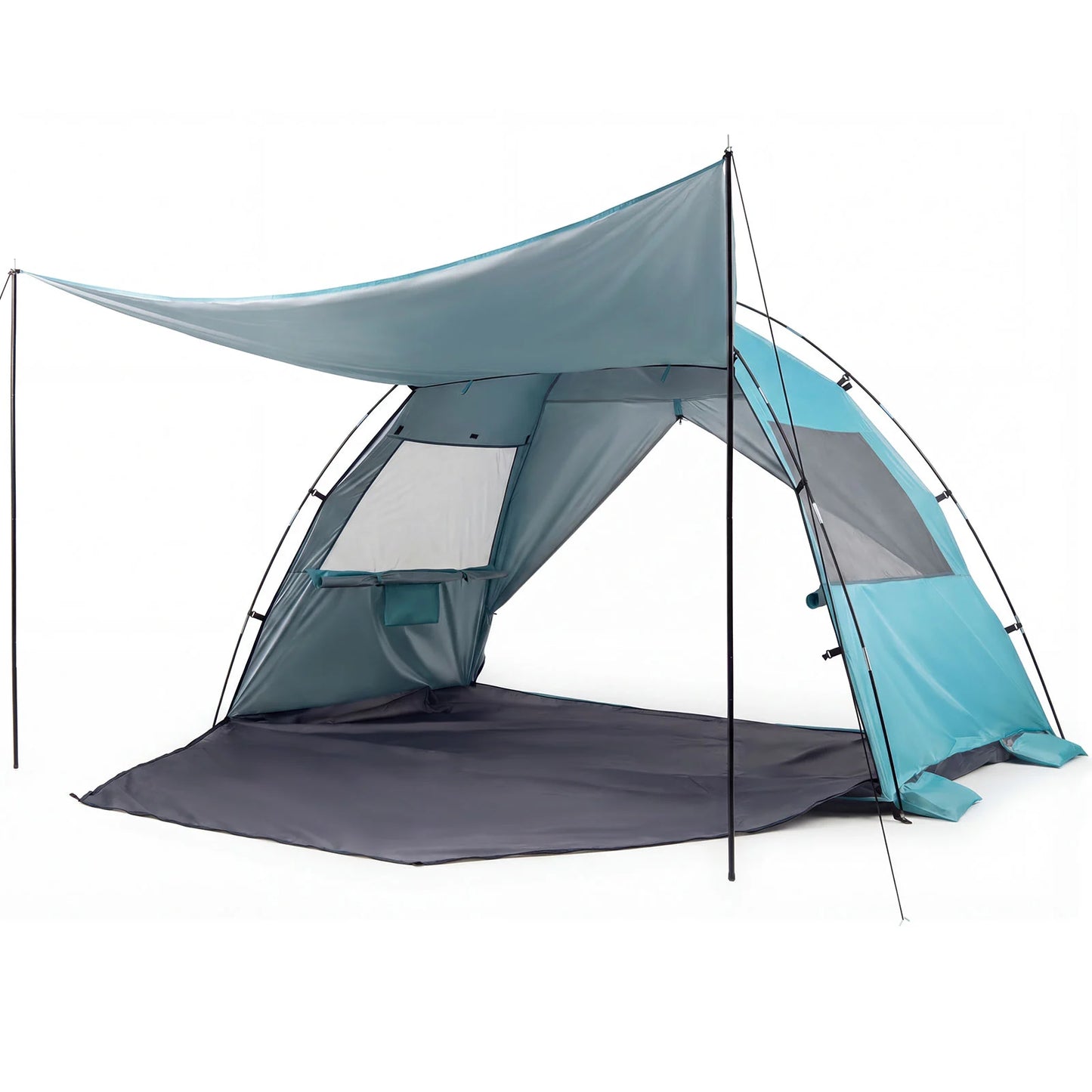 Blue beach tent sun shelter with canopy, easy pop-up setup, UPF50+ sun protection, ideal for outdoor beach camping.