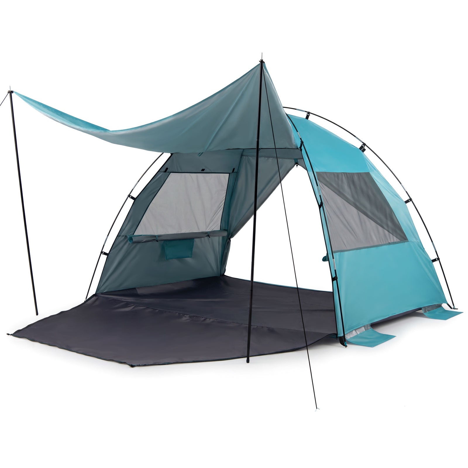 Blue beach tent sun shelter with canopy, extended floor, and vent windows, perfect for outdoor camping and sun protection.
