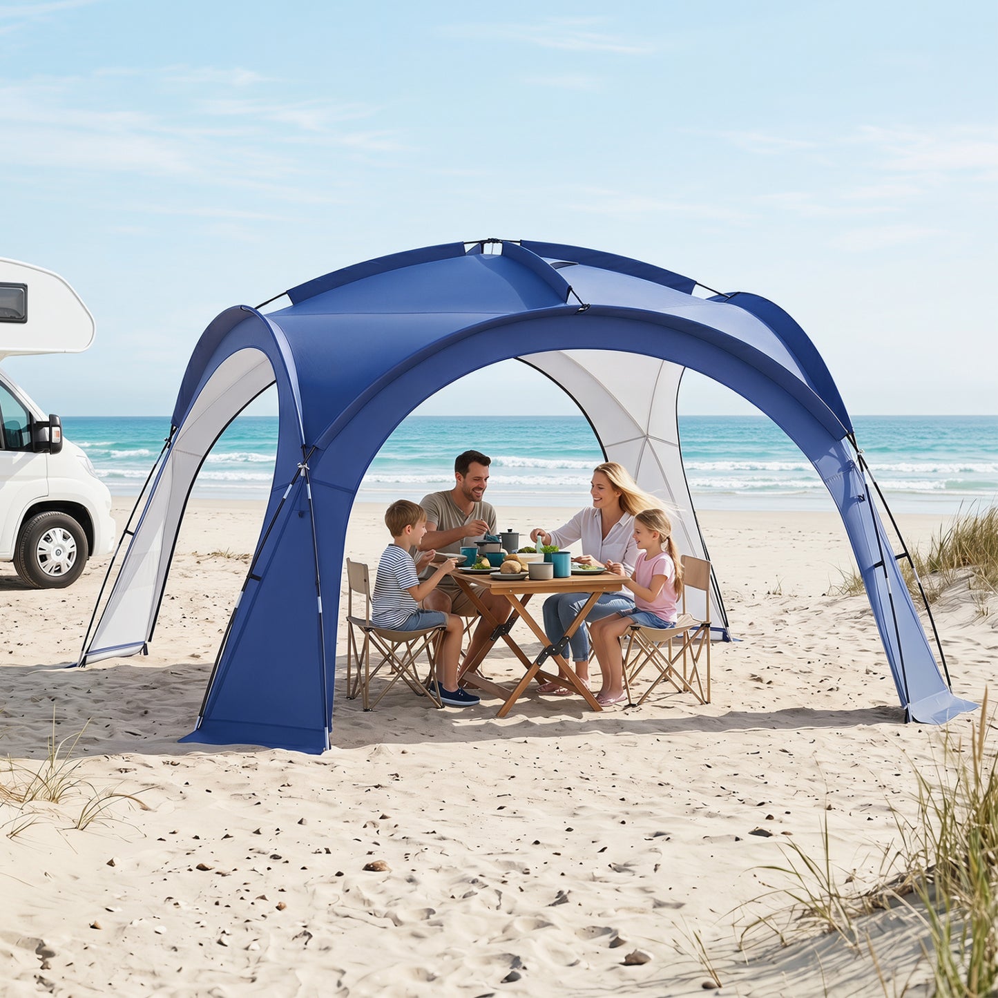 Brown beach tent for 12-15 people, easy setup dome canopy with four removable zippered sidewalls for outdoor camping.