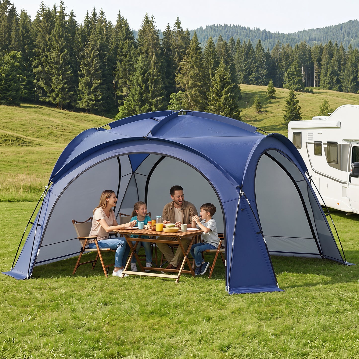 Brown beach tent for 12-15 people, easy setup dome canopy with four removable zippered sidewalls for outdoor camping.