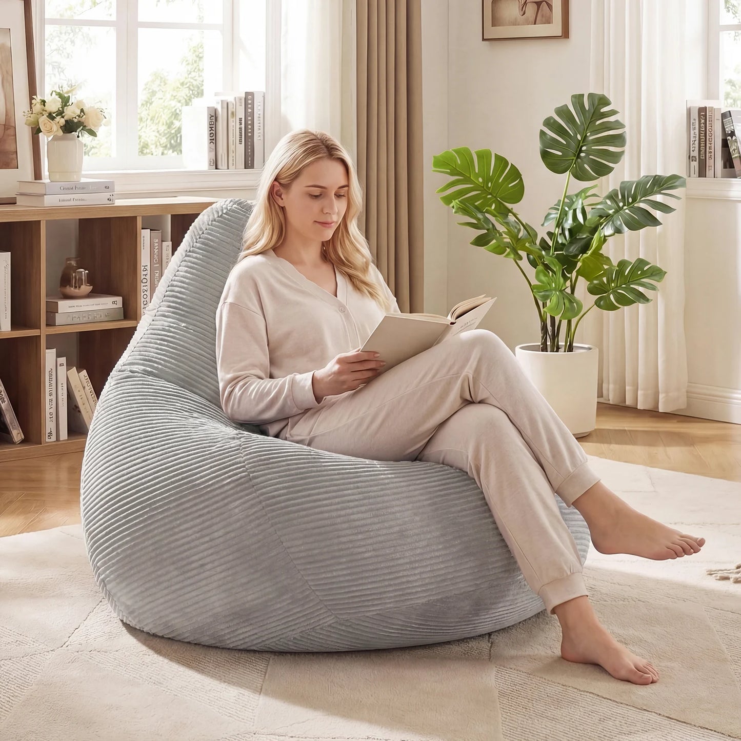 Bean Bag Chair for Adults Accent Lazy Sofa with Skin-friendly Corduroy Cover and Soft Sponge Filling-Blue